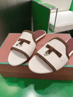 Loro Piana 26 Slippers Ivory Brown Wish Sheepskin Fabric 632134
