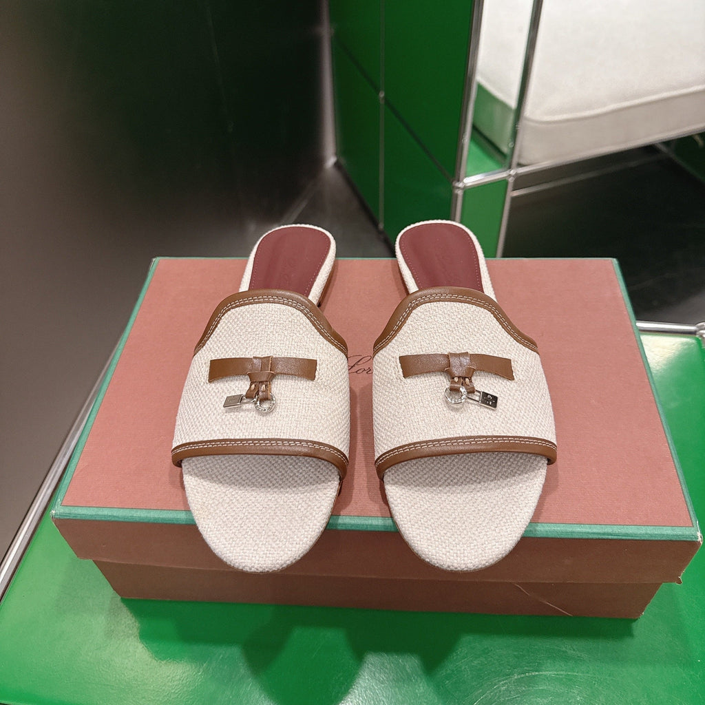 Loro Piana 26 Slippers Ivory Light Brown Wish Sheepskin Fabric 632136