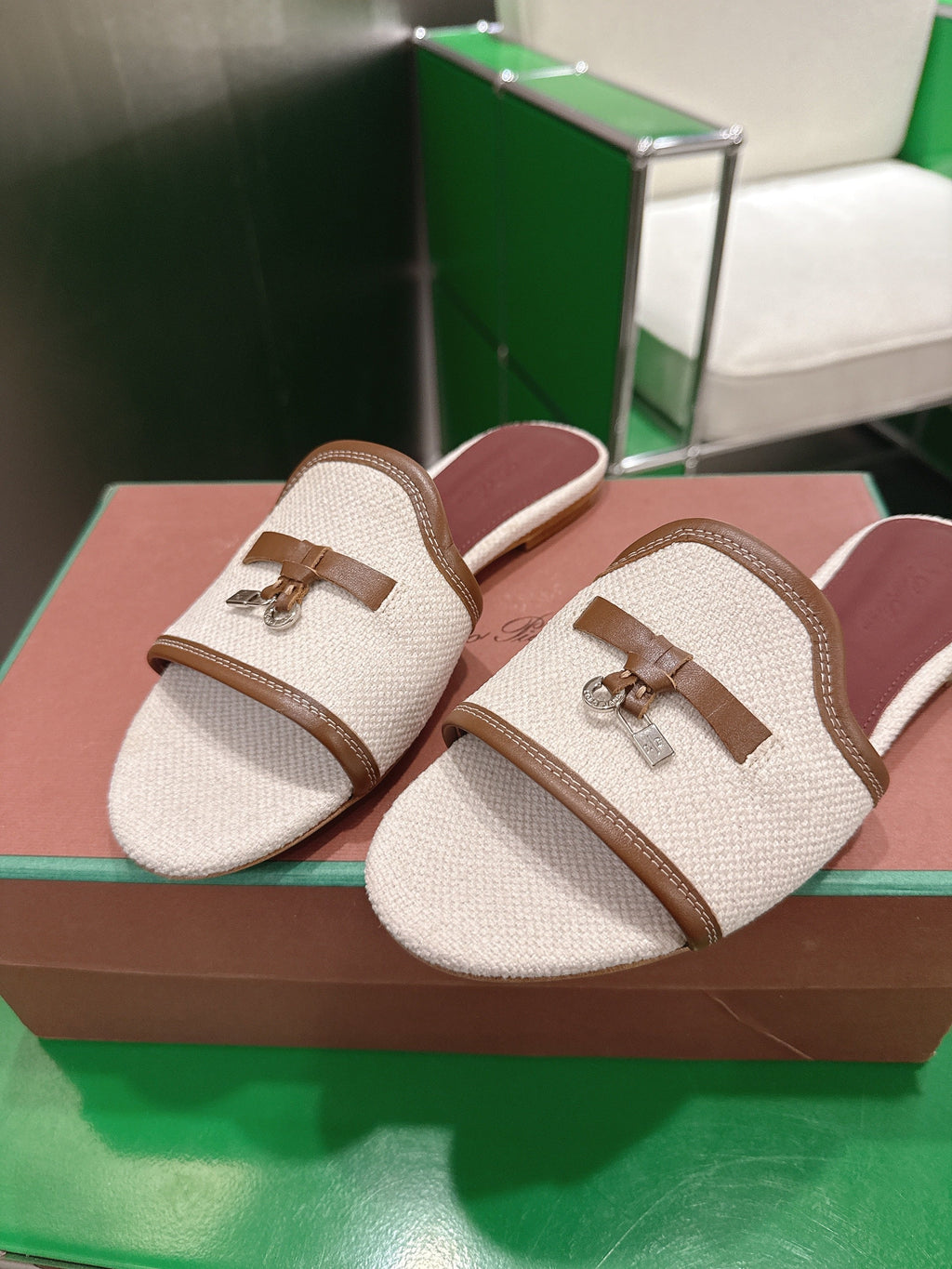 Loro Piana 26 Slippers Ivory Light Brown Wish Sheepskin Fabric 632136