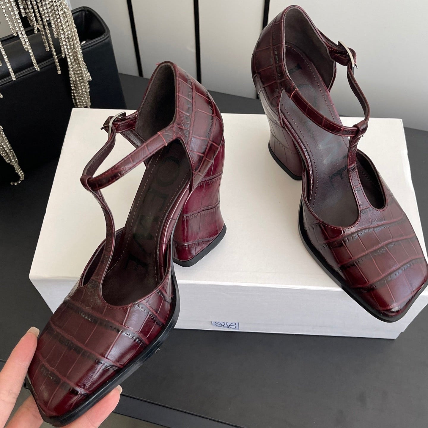 LOEWE 26SS Chunky Heel 50 Mary Jane Burgundy in Leather 631744