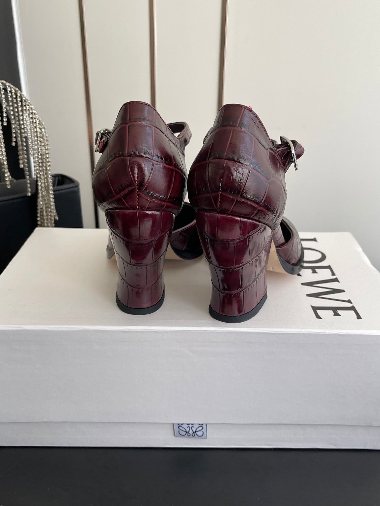 LOEWE 26SS Chunky Heel 50 Mary Jane Burgundy in Leather 631744