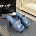 Chanel 2026 Runway Platform High-Heeled 12.5cm Sandals Blue in Cowhide 673062