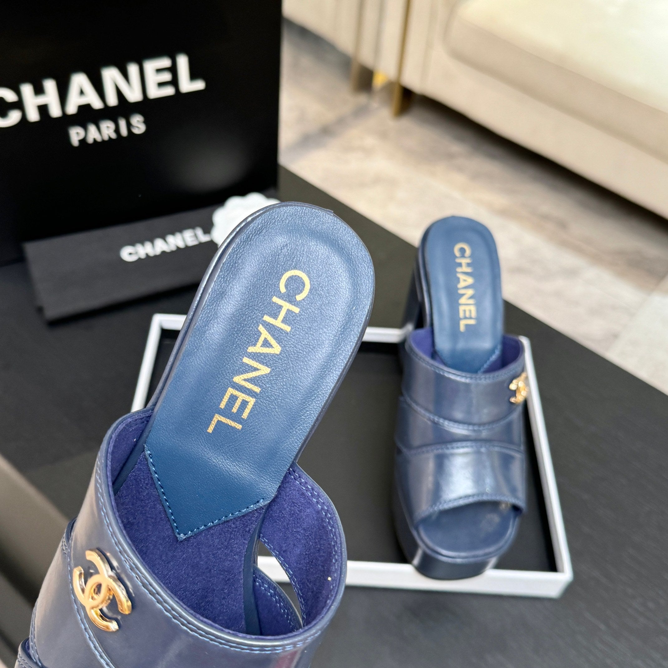 Chanel 2026 Runway Platform High-Heeled 12.5cm Sandals Blue in Cowhide 673062