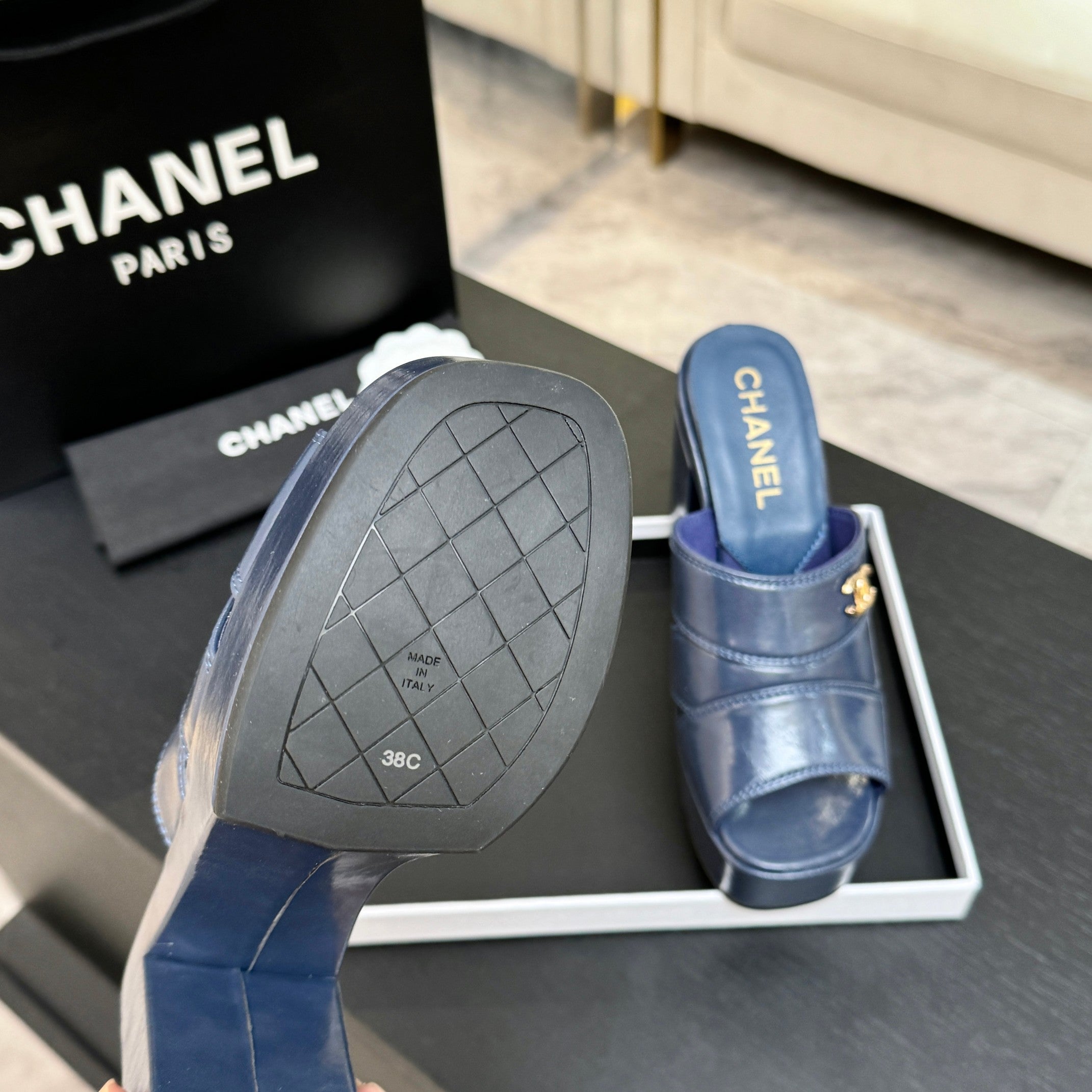Chanel 2026 Runway Platform High-Heeled 12.5cm Sandals Blue in Cowhide 673062