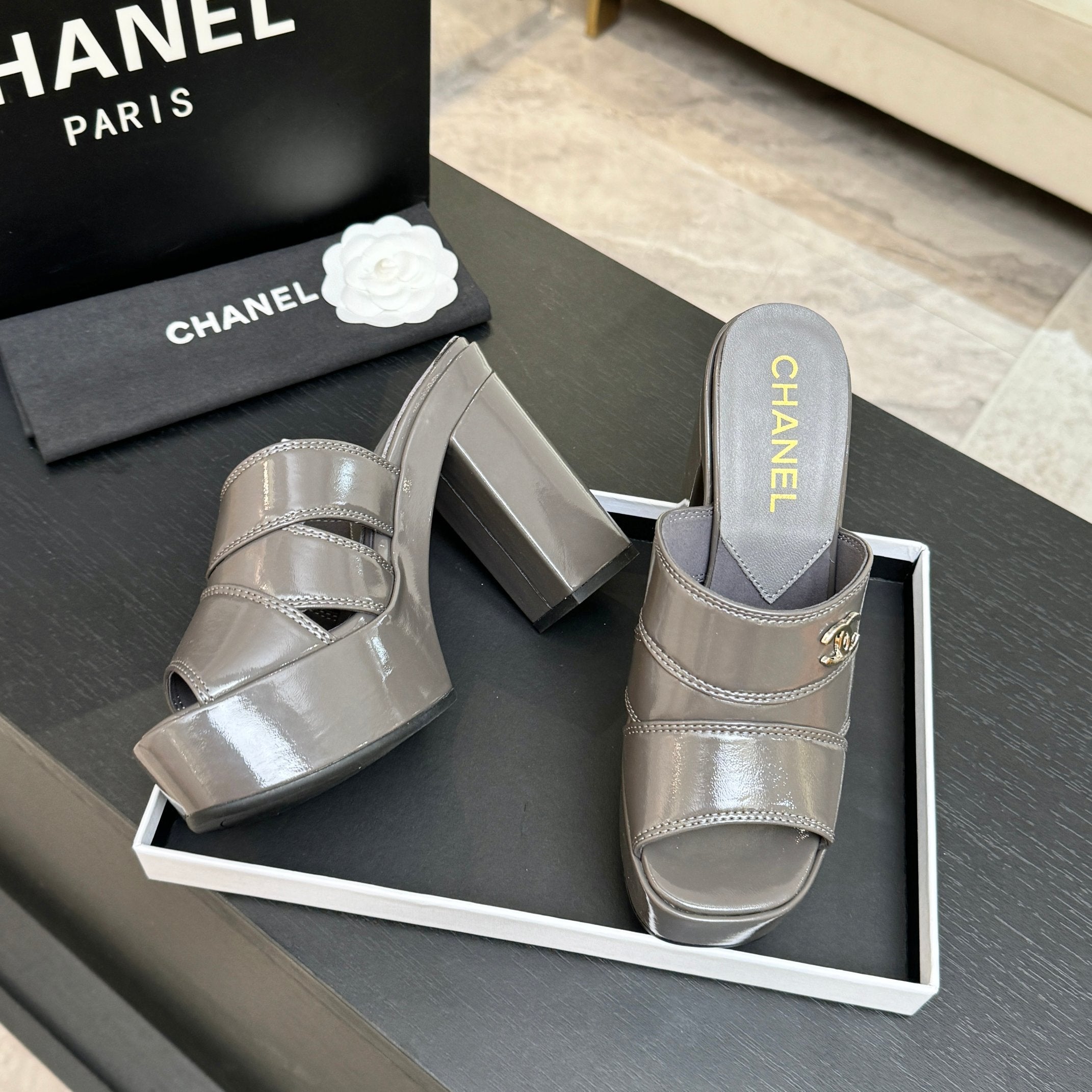 Chanel 2026 Runway Platform High-Heeled 12.5cm Sandals Gray in Cowhide 673060