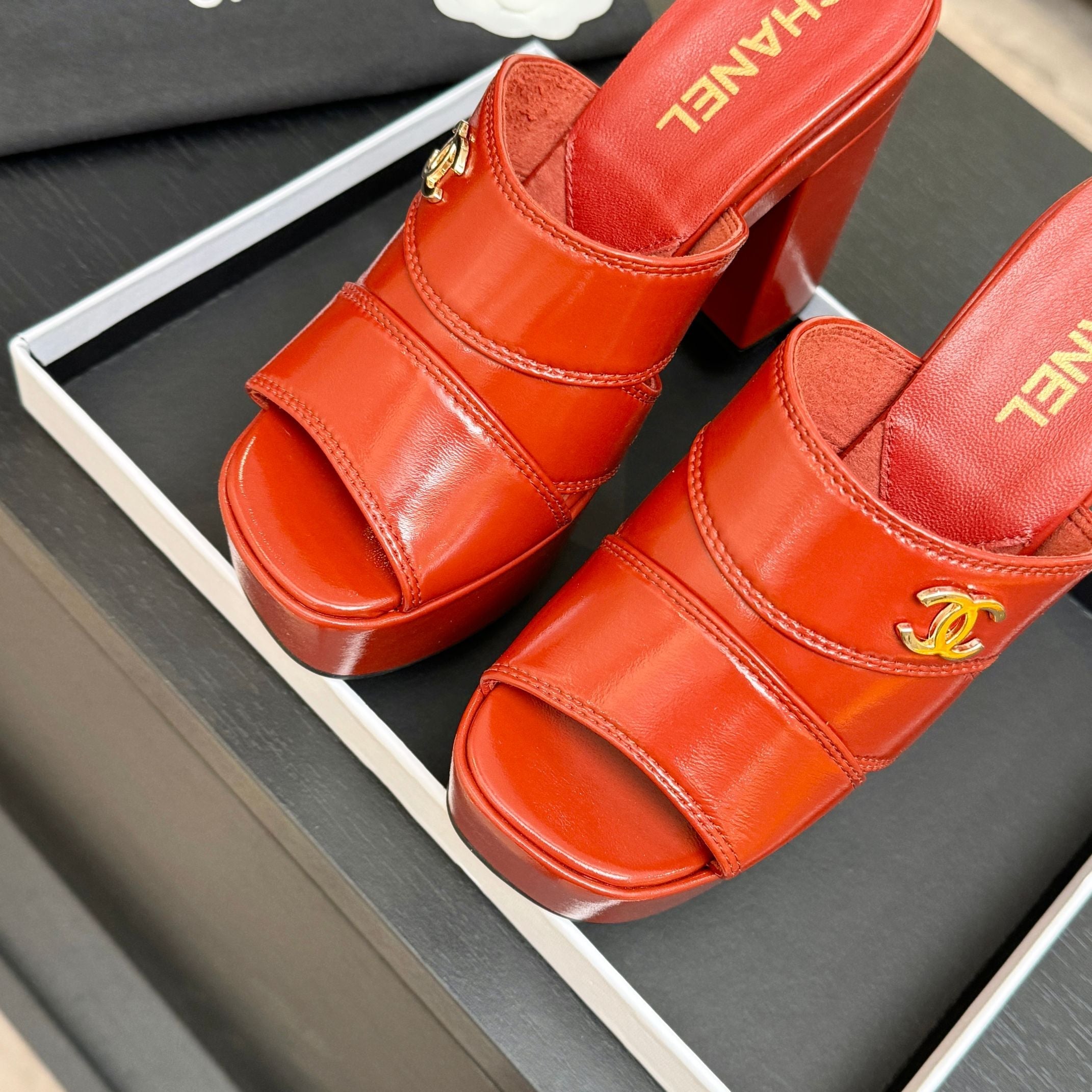 Chanel 2026 Runway Platform High-Heeled 12.5cm Sandals Orange-Red in Cowhide 673058