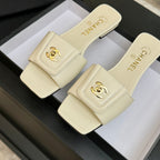Chanel 26C Double C Buckle Square Toe Slippers Cream in Lambskin 673031