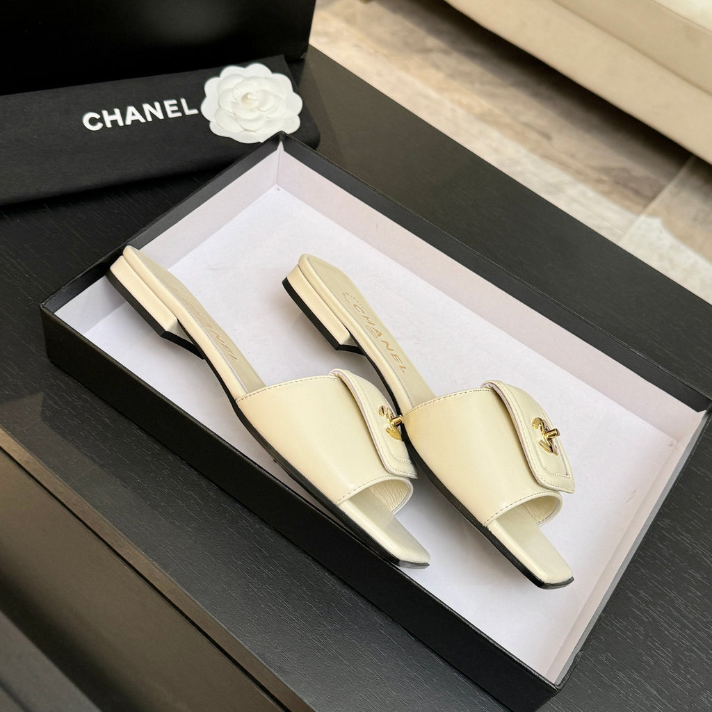 Chanel 26C Double C Buckle Square Toe Slippers Cream in Lambskin 673031