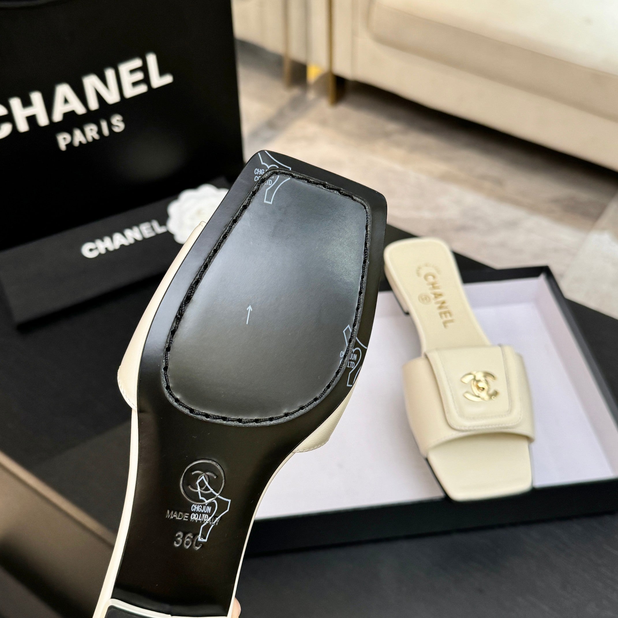 Chanel 26C Double C Buckle Square Toe Slippers Cream in Lambskin 673031