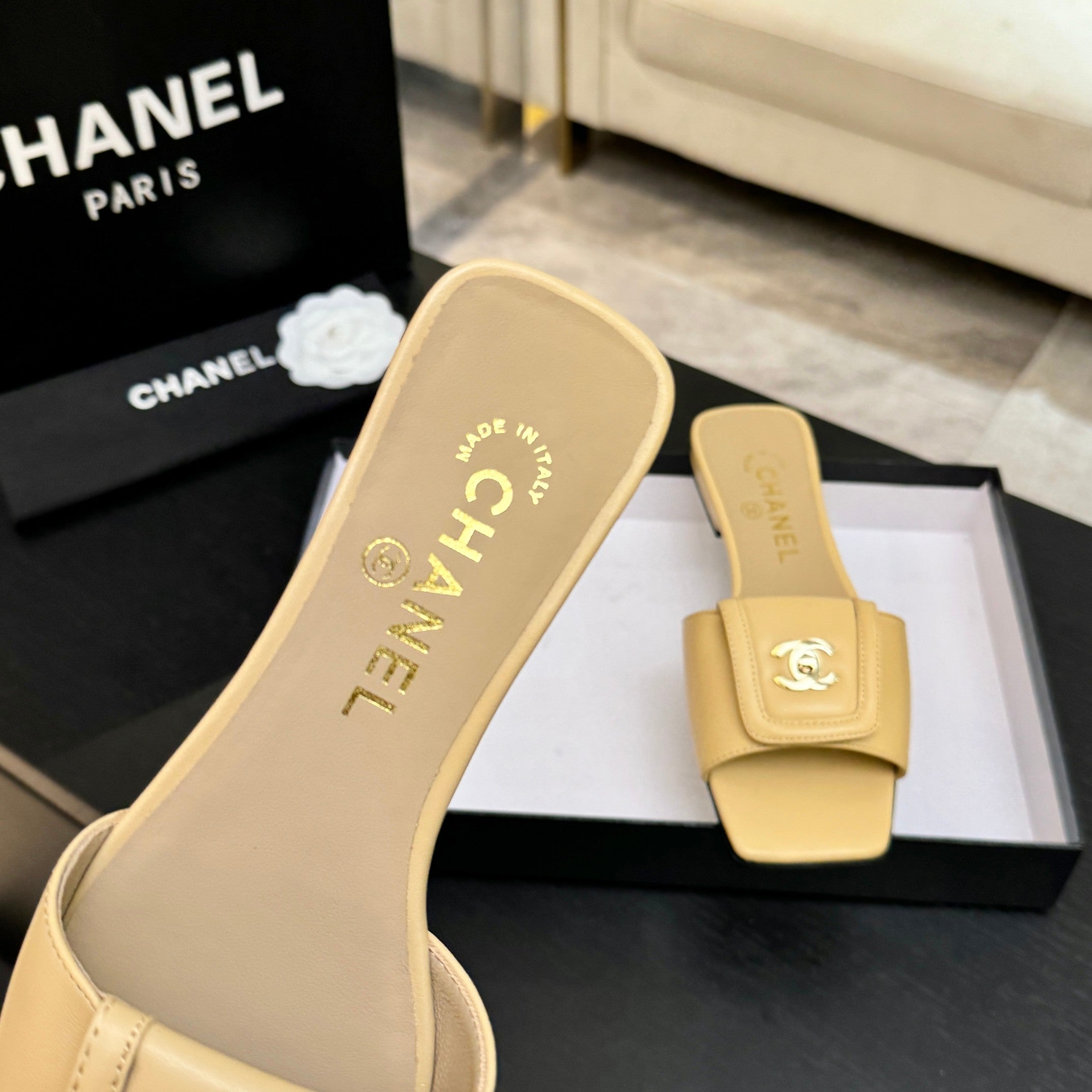 Chanel 26C Double C Buckle Square Toe Slippers Beige in Lambskin 673030