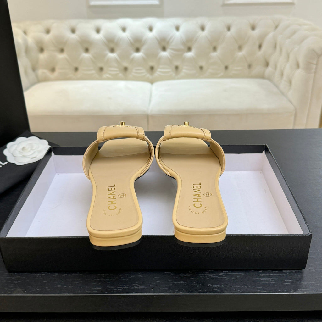 Chanel 26C Double C Buckle Square Toe Slippers Beige in Lambskin 673030