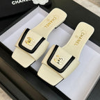 Chanel 26C Double C Buckle Square Toe Slippers Cream Black in Lambskin 673029