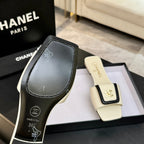 Chanel 26C Double C Buckle Square Toe Slippers Cream Black in Lambskin 673029