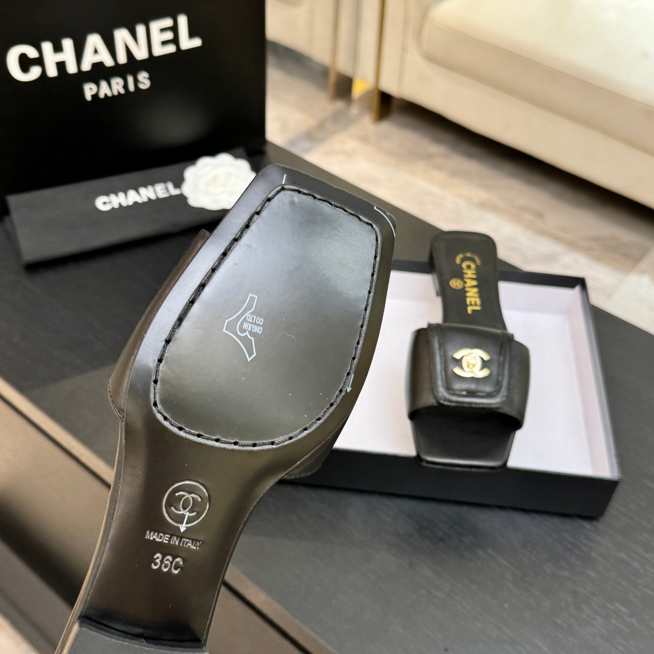 Chanel 26C Double C Buckle Square Toe Slippers Black in Lambskin 673028