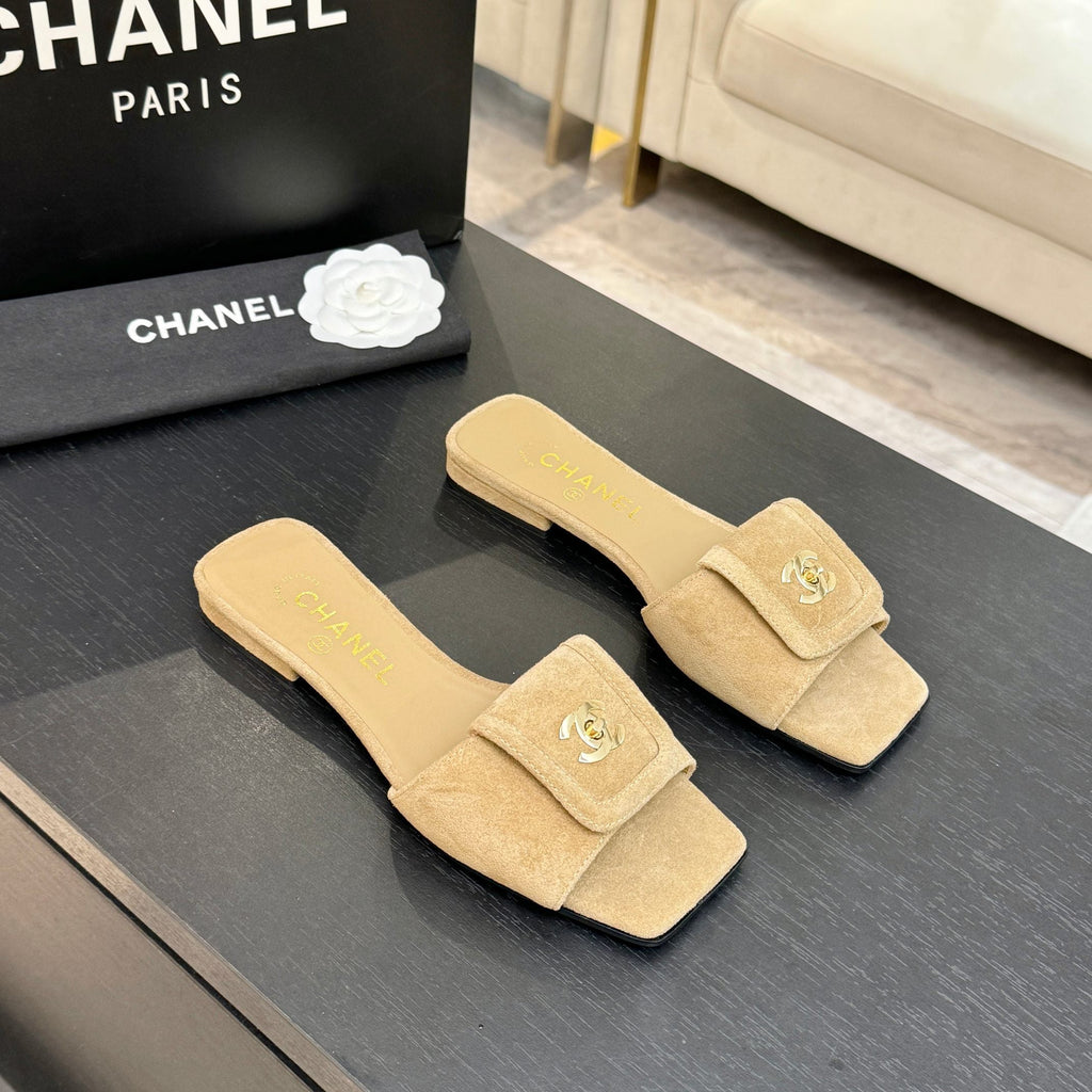 Chanel 26C Double C Buckle Square Toe Slippers Beige in Suede 673026