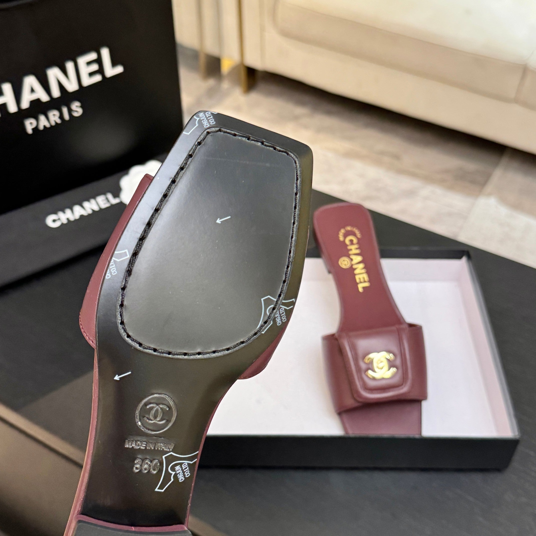 Chanel 26C Double C Buckle Square Toe Slippers Burgundy in Lambskin 673025