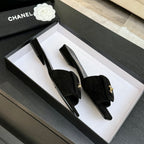 Chanel 26C Double C Buckle Square Toe Slippers Black in Suede 673024