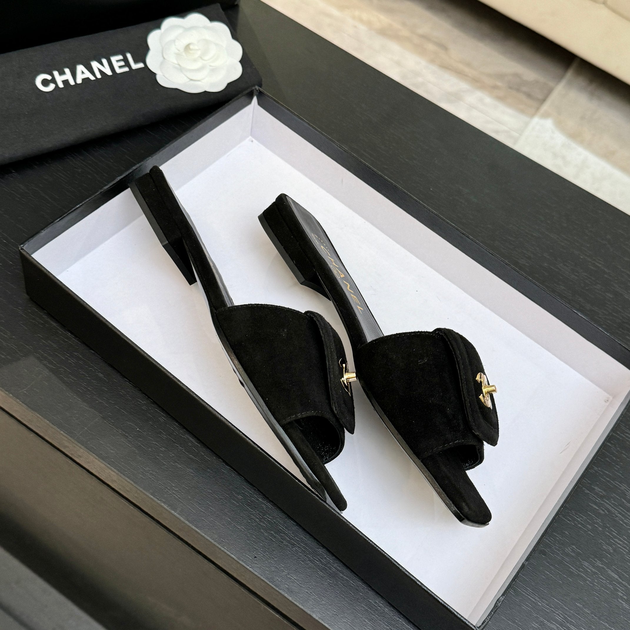 Chanel 26C Double C Buckle Square Toe Slippers Black in Suede 673024