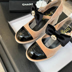 Chanel KJ26 Mary Janes Heel 2.5cm with Bow Beige in Velvet 673012