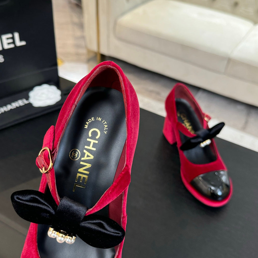 Chanel KJ26 Mary Janes Heel 2.5cm with Bow Red in Velvet 673011
