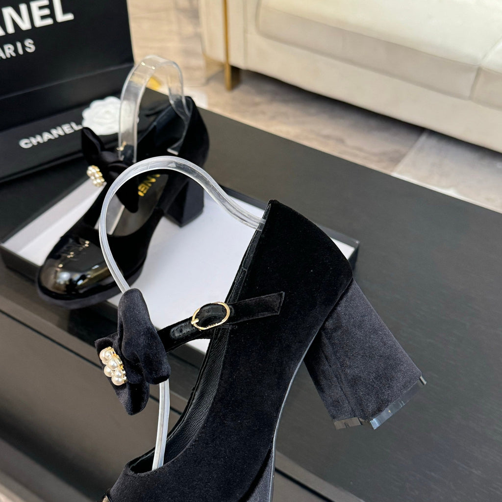 Chanel KJ26 Mary Janes Heel 2.5cm with Bow Black in Velvet 673010