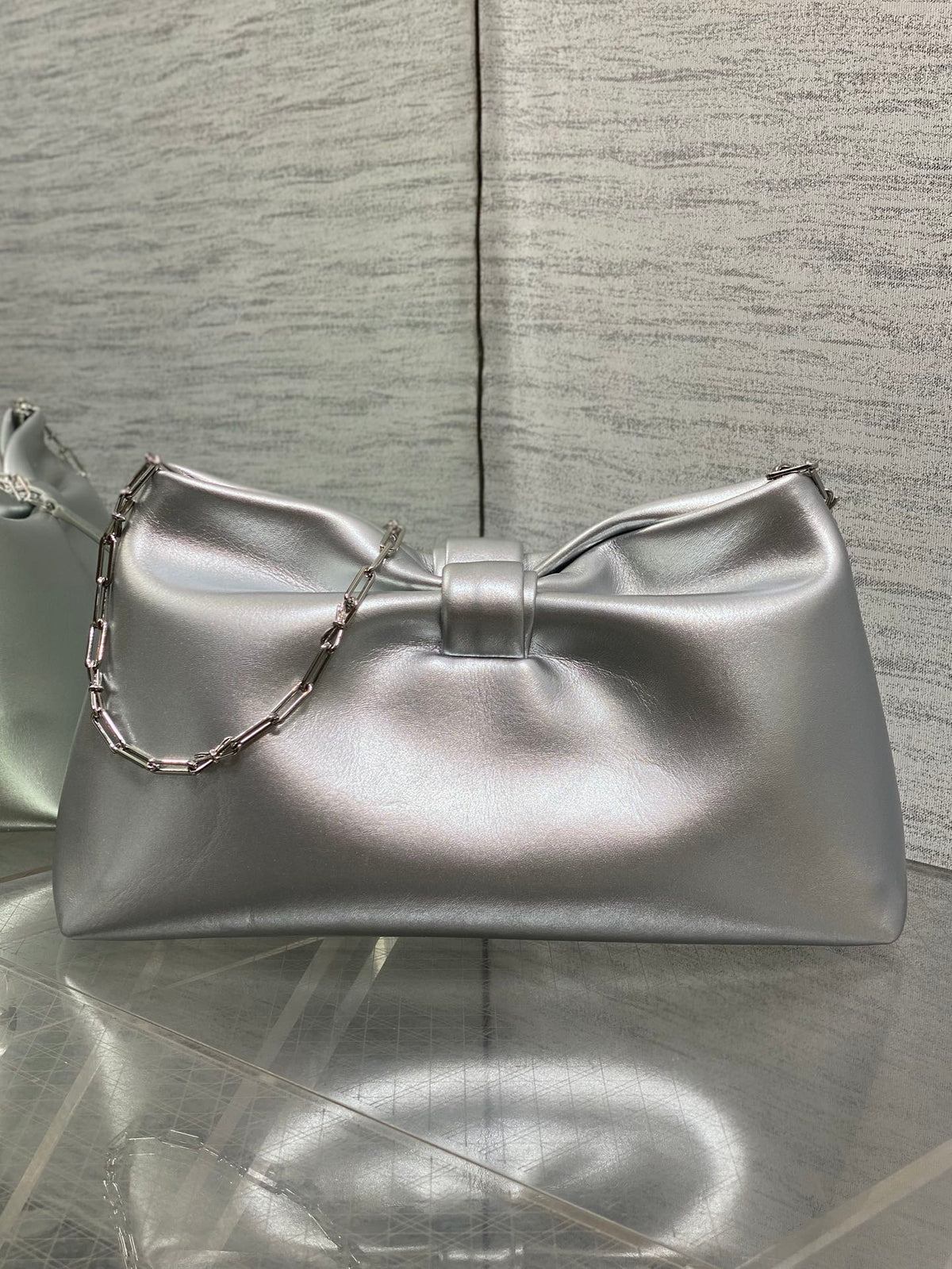 Dior 26 Bow Chain Bag in Silver Lambskin