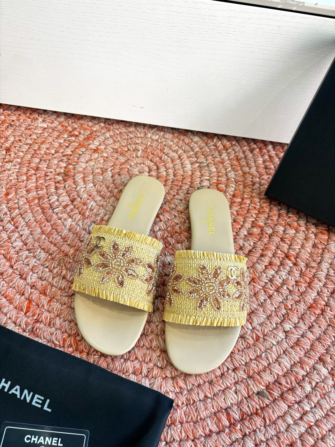 Chanel Bouclé Sandal Straw Yellow in Fabric Sheepskin 685950