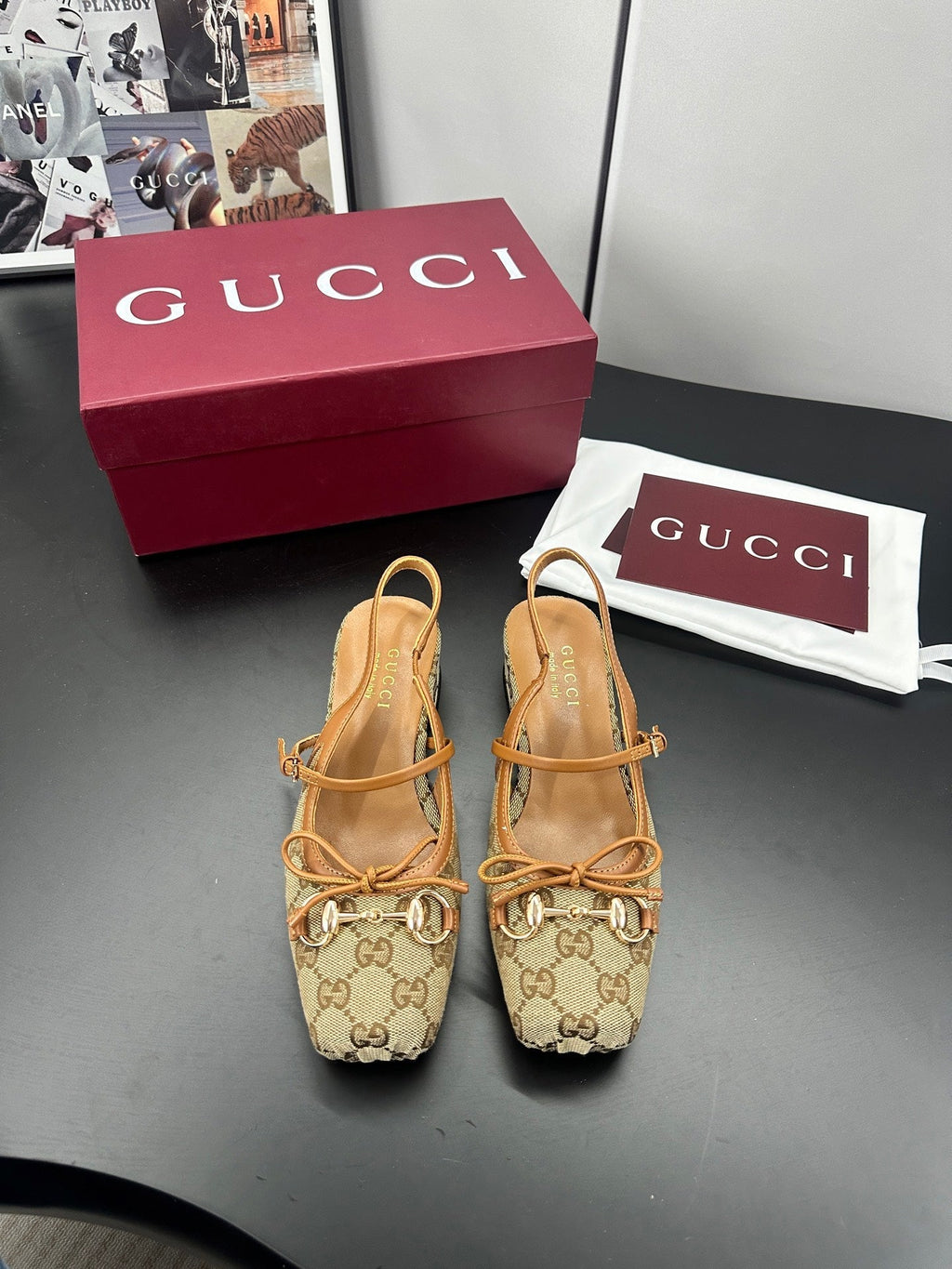 Gucci Horsebit Slingback Brown in Denim 688319