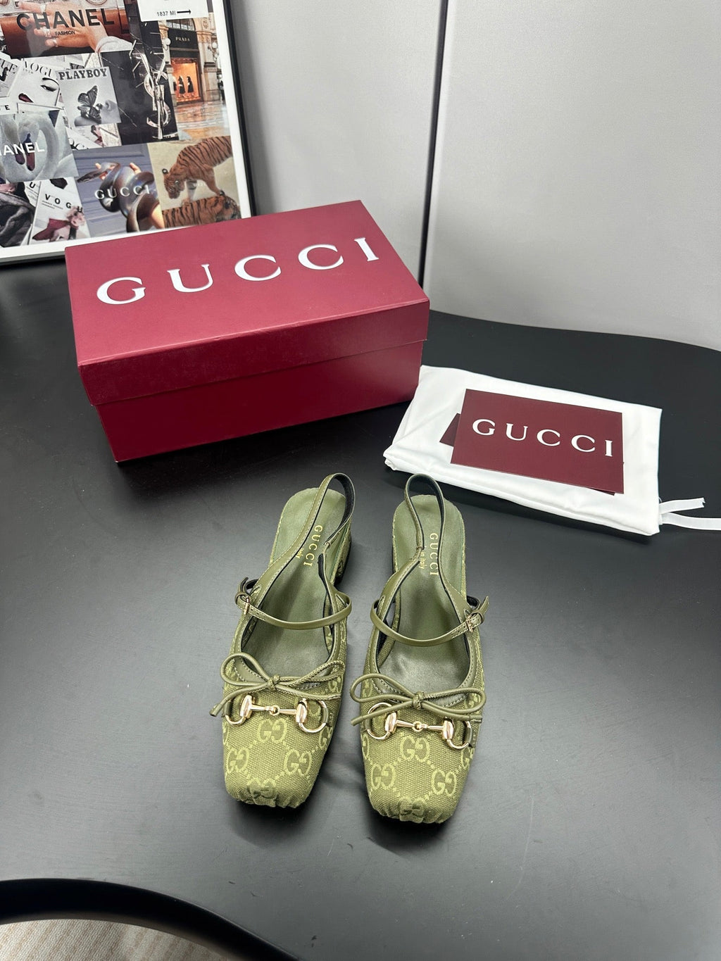 Gucci Horsebit Slingback Green in Denim 688317