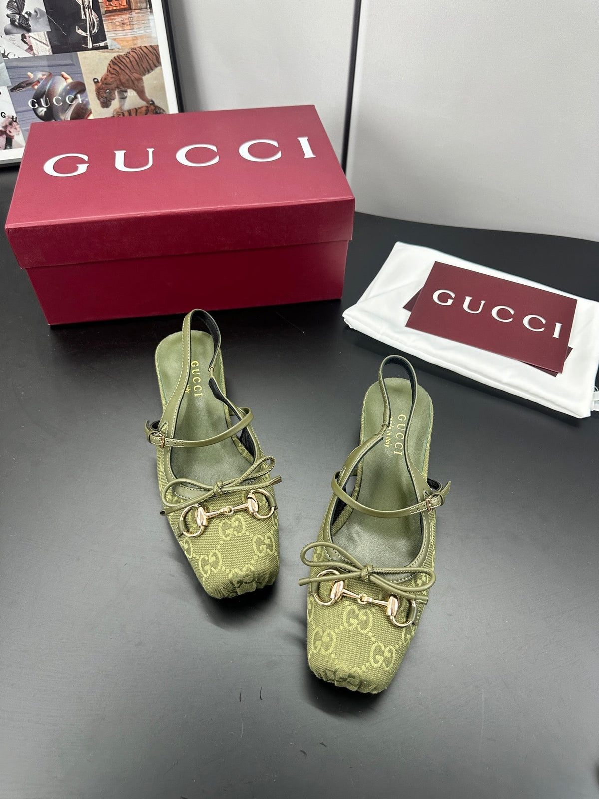 Gucci Horsebit Slingback Green in Denim 688317
