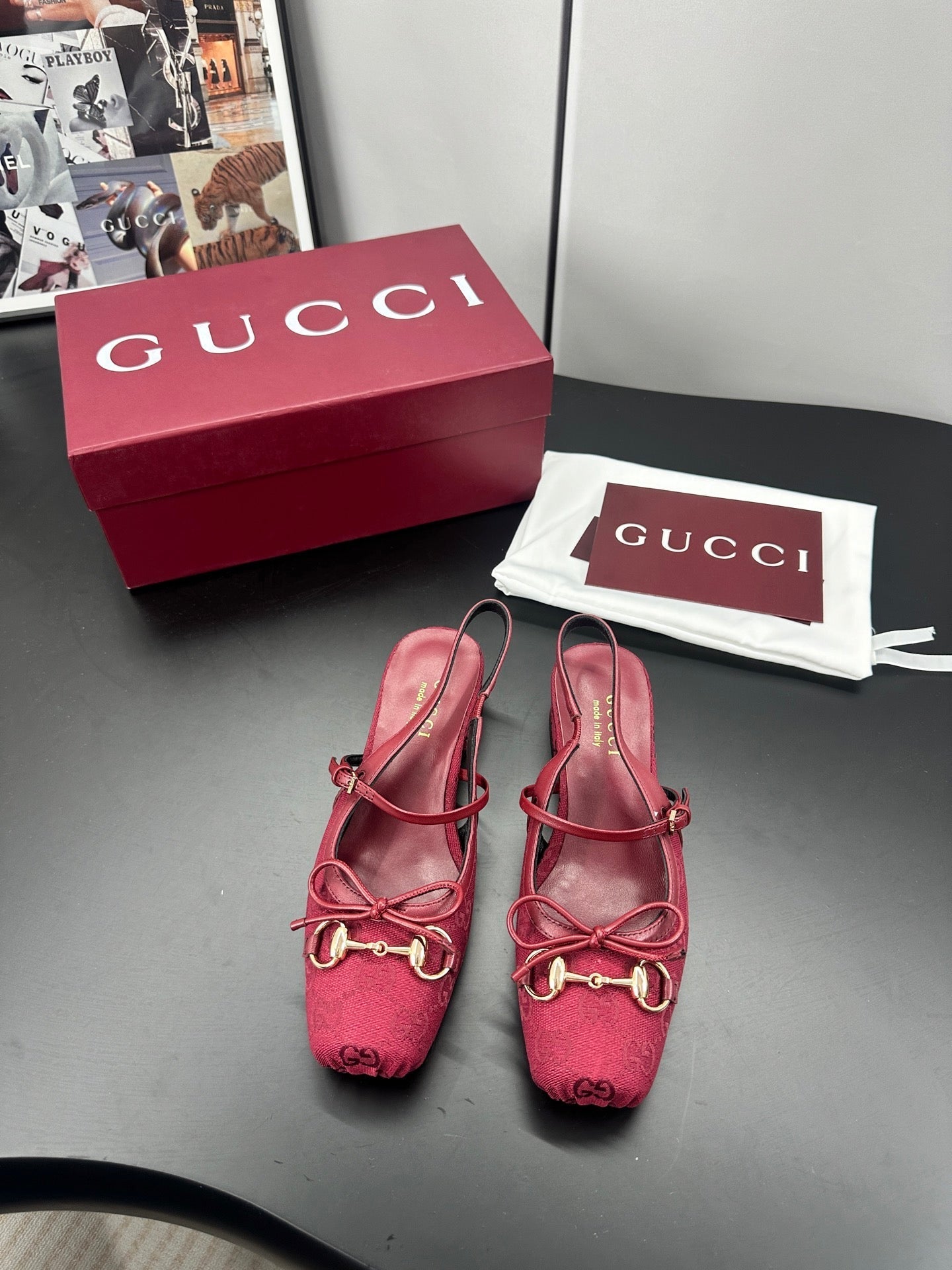 Gucci Horsebit Slingback Red in Denim 688316