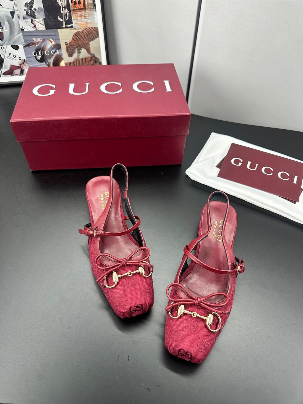Gucci Horsebit Slingback Red in Denim 688316