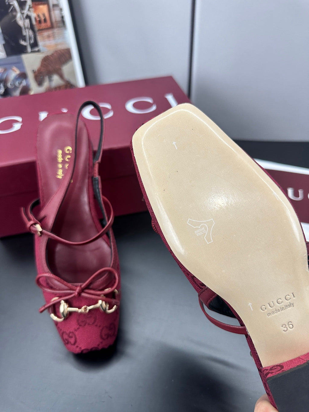 Gucci Horsebit Slingback Red in Denim 688316