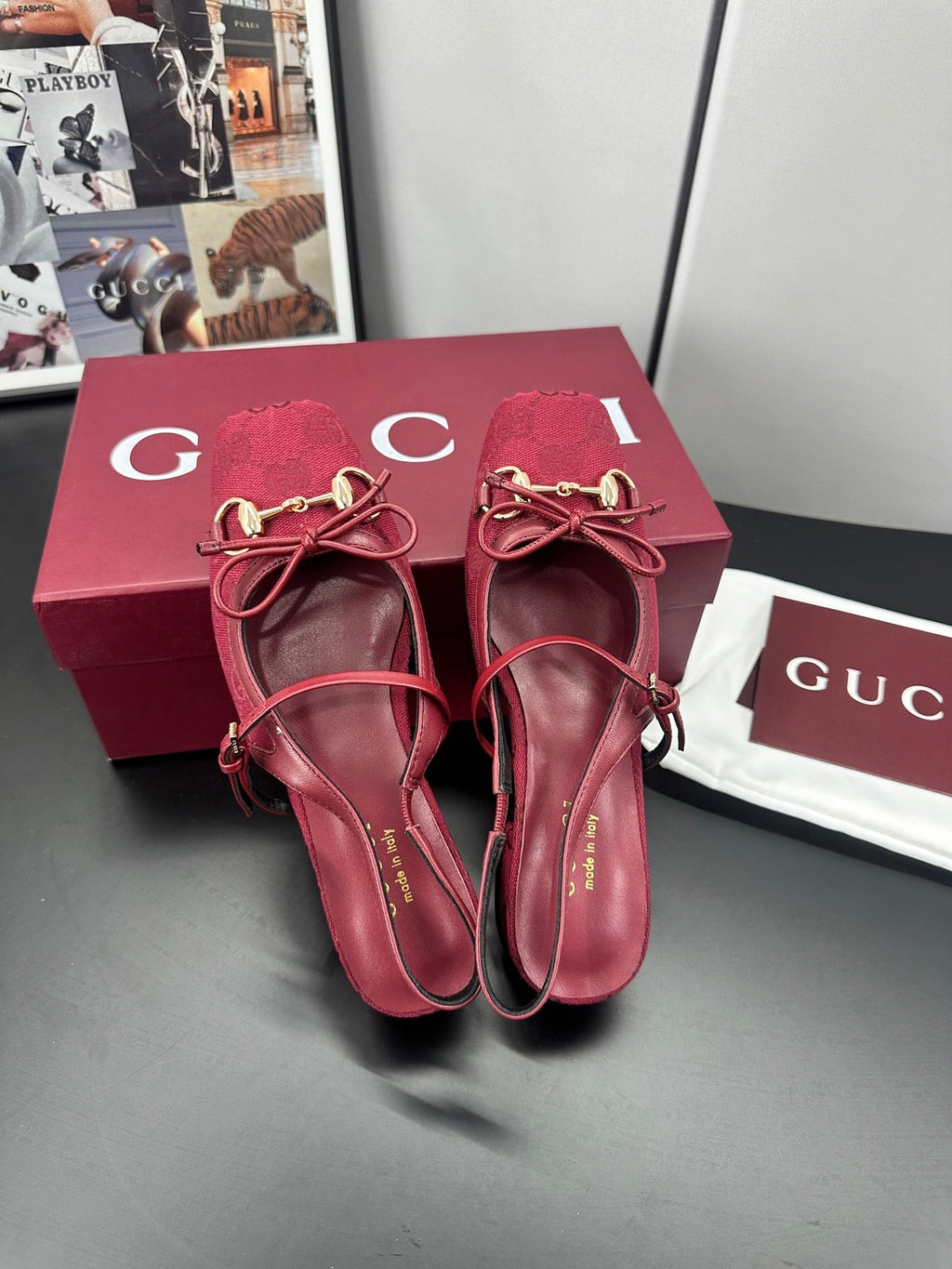 Gucci Horsebit Slingback Red in Denim 688316