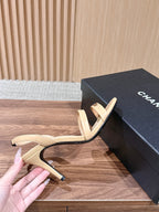CC 26SS Gold Buckle Strappy High-Heeled 85 Sandals Light Beige in Cowhide 692565