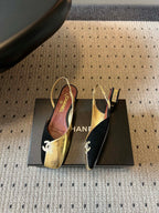 Chanel 26SS Color-Blocked Slingback Gold Black in Lambskin 708083