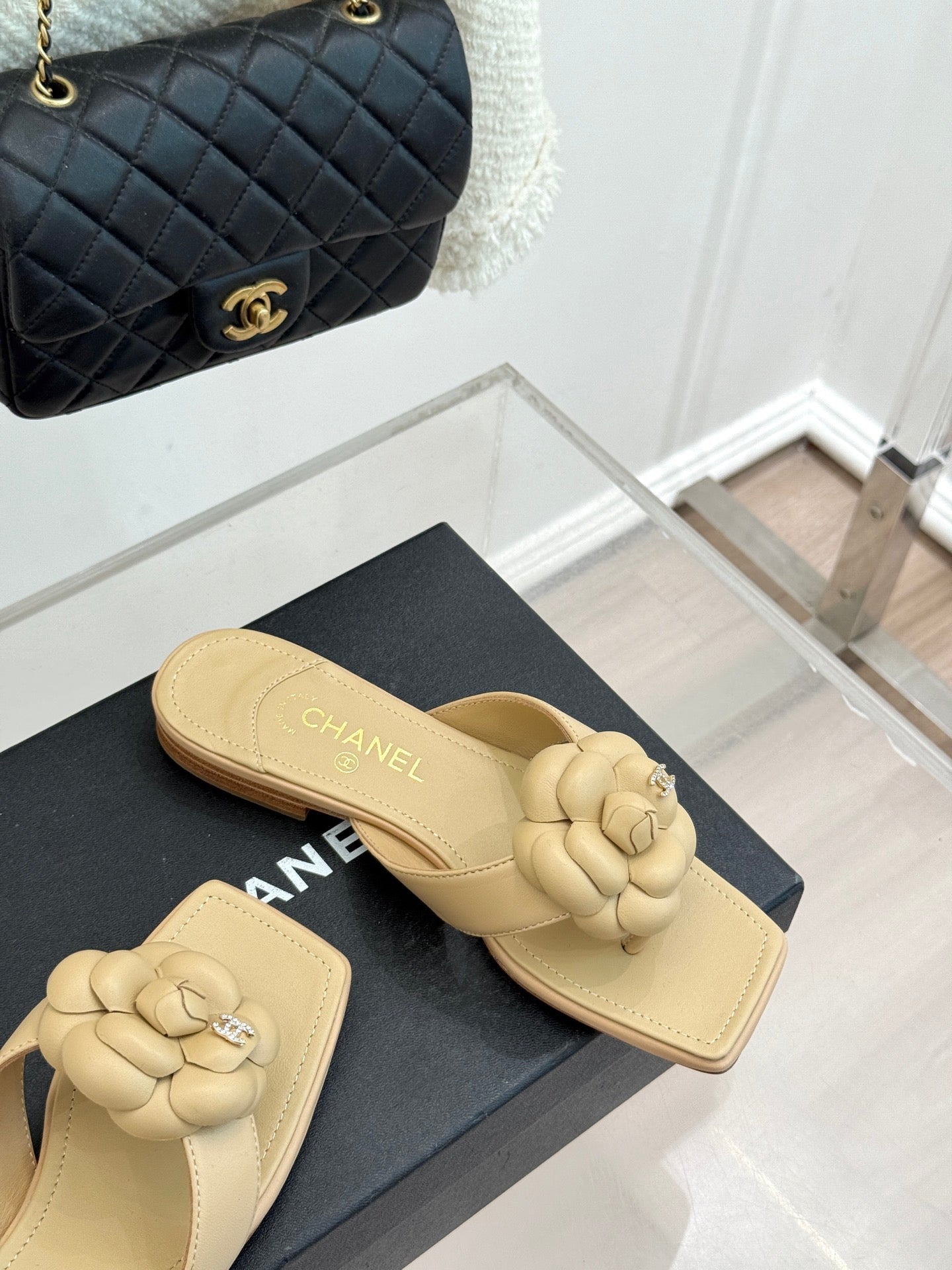 Chanel 26 Camellia Flip-Flops Beige in Cowhide 706387