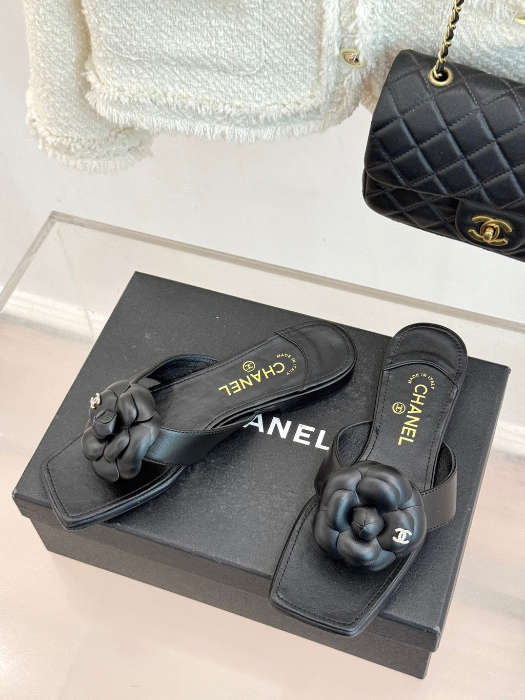Chanel 26 Camellia Flip-Flops Black in Cowhide 706386