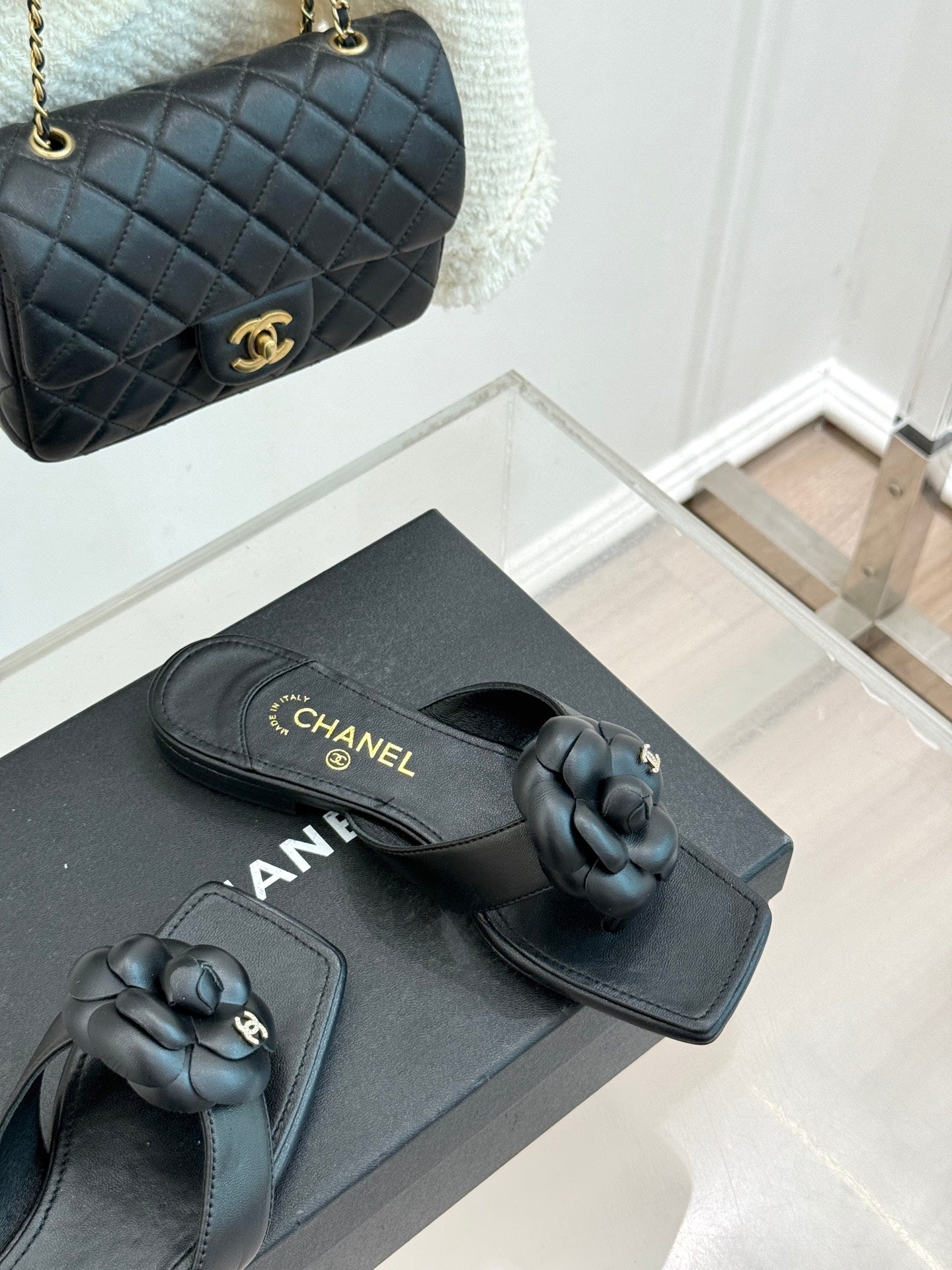 Chanel 26 Camellia Flip-Flops Black in Cowhide 706386