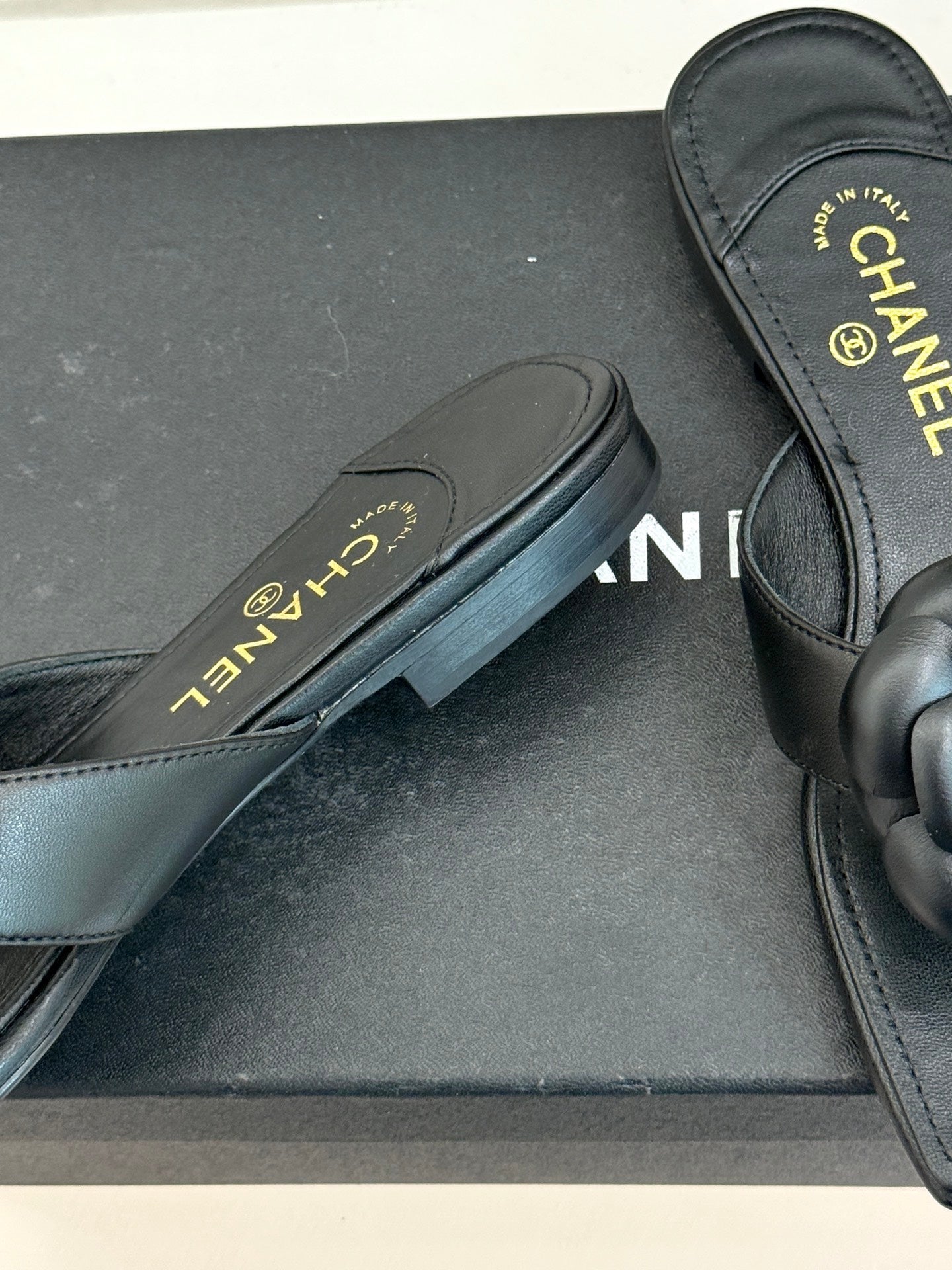 Chanel 26 Camellia Flip-Flops Black in Cowhide 706386