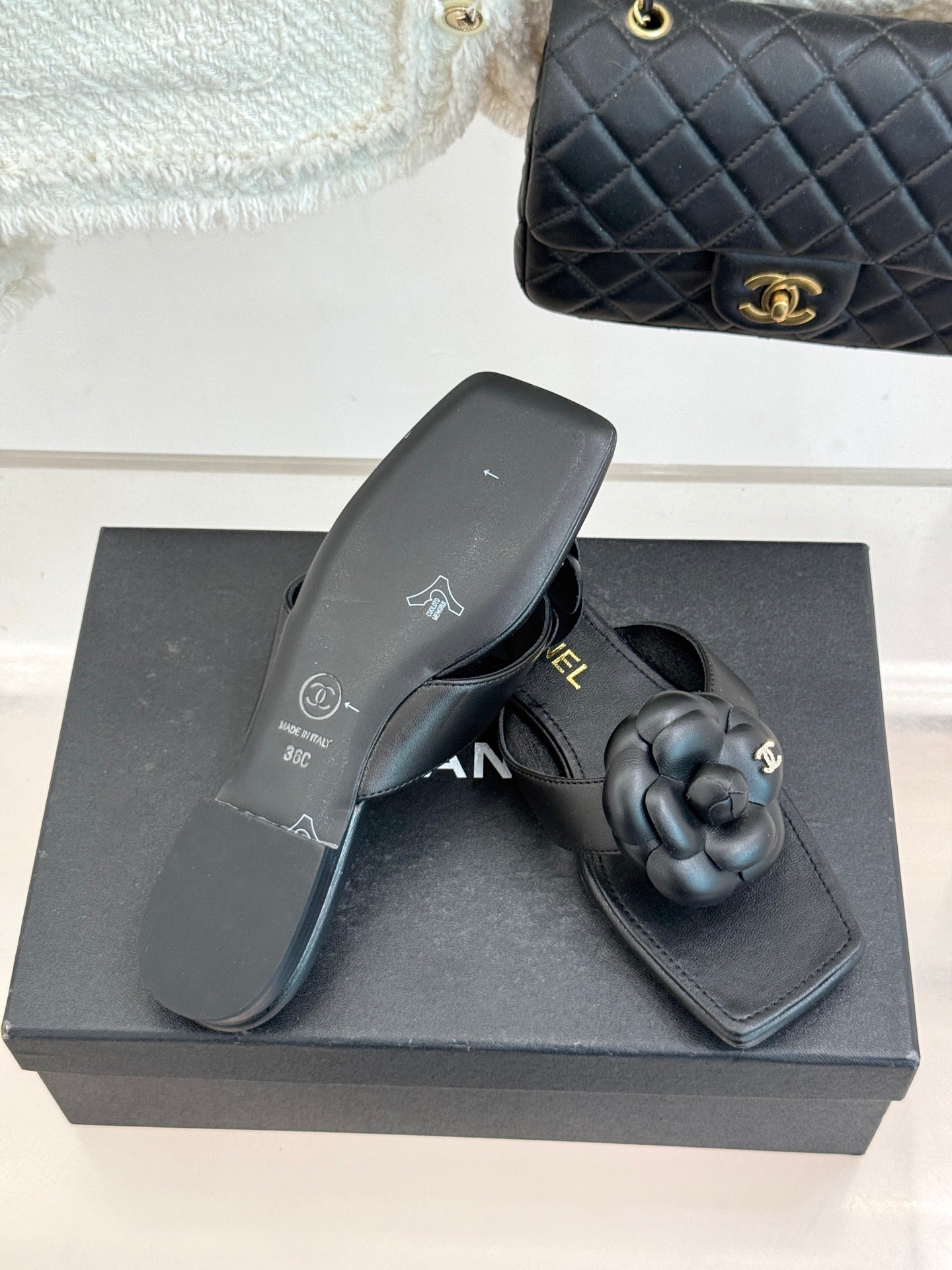Chanel 26 Camellia Flip-Flops Black in Cowhide 706386