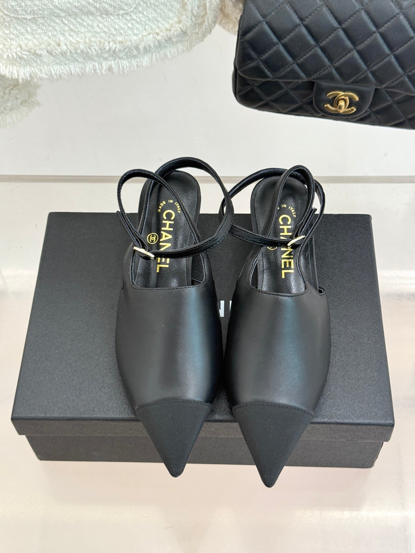 CC Pointed Toe Kitten Heel 30 Open Back Sandals Black in Cowhide 706382