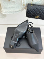 CC Pointed Toe Kitten Heel 30 Open Back Sandals Black in Cowhide 706382