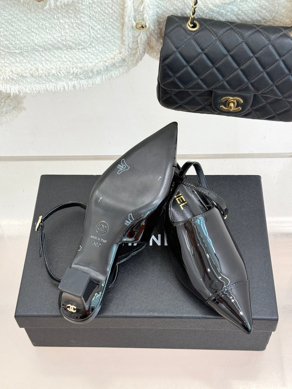 CC Pointed Toe Kitten Heel 30 Open Back Sandals Black in Patent Leather 706378