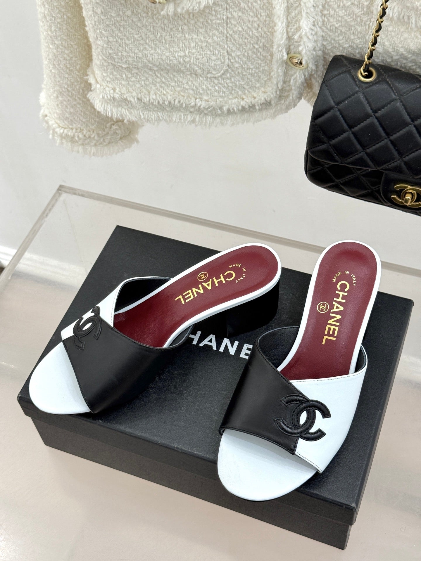 CC 26S Double C Patchwork Sandal 50 White Black in Cowhide 706376