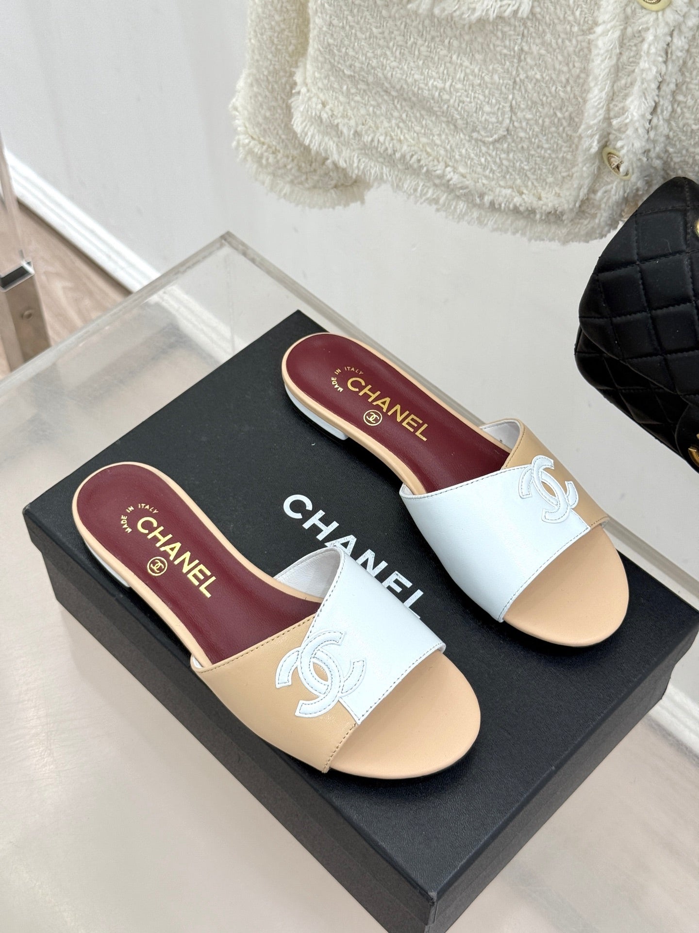 CC 26S Double C Patchwork Sandal Beige White in Cowhide 706370