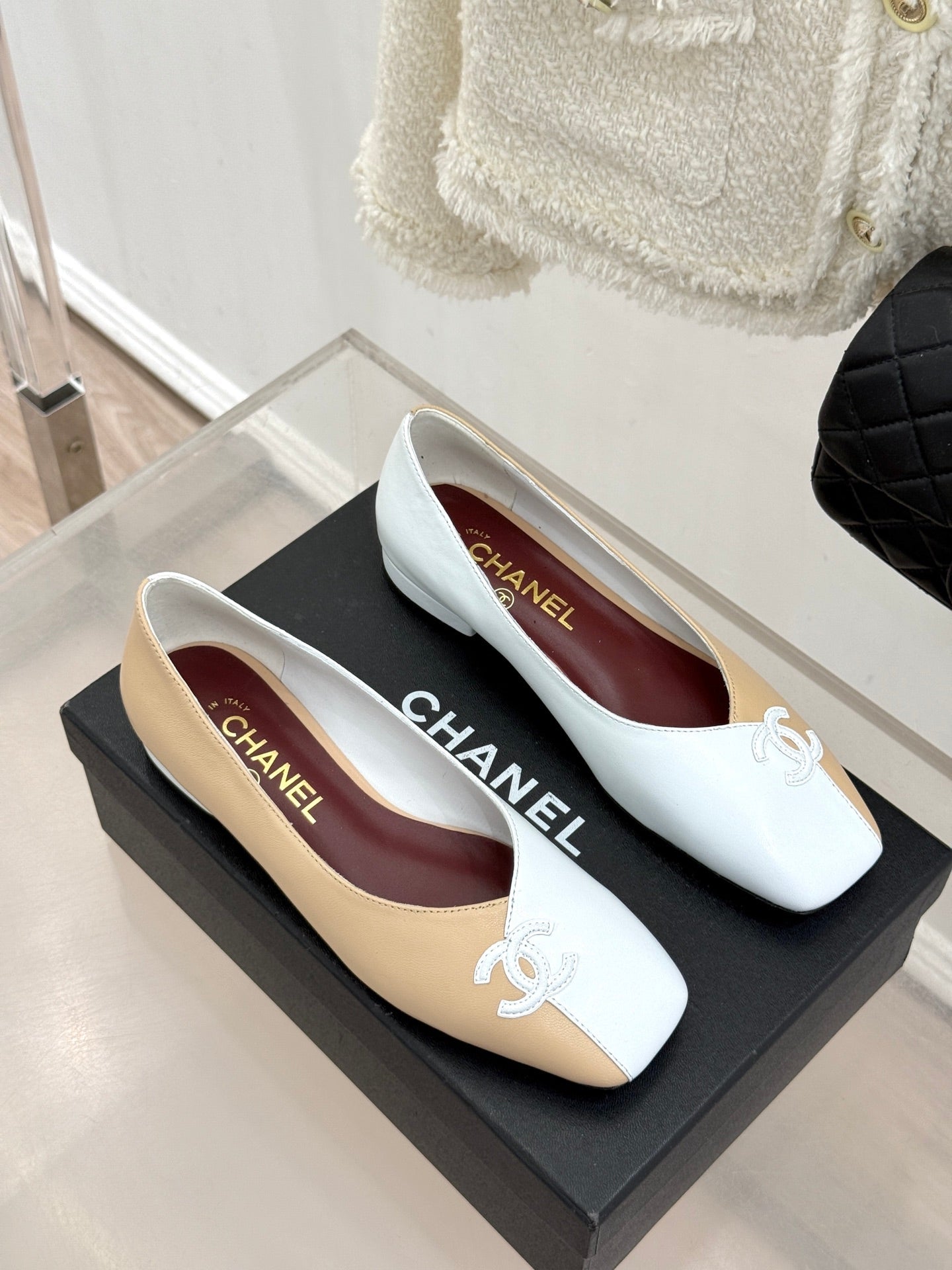 CC 26S Double C Patchwork Ballet Flat Beige White in Cowhide 706368