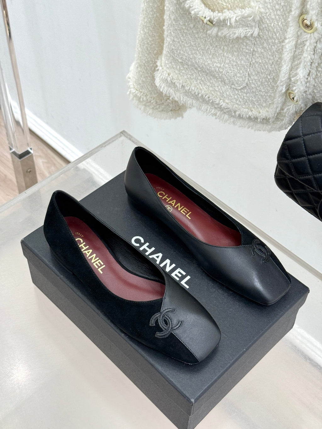 CC 26S Double C Patchwork Ballet Flat Black Gray in Deerskin Cowhide 706367