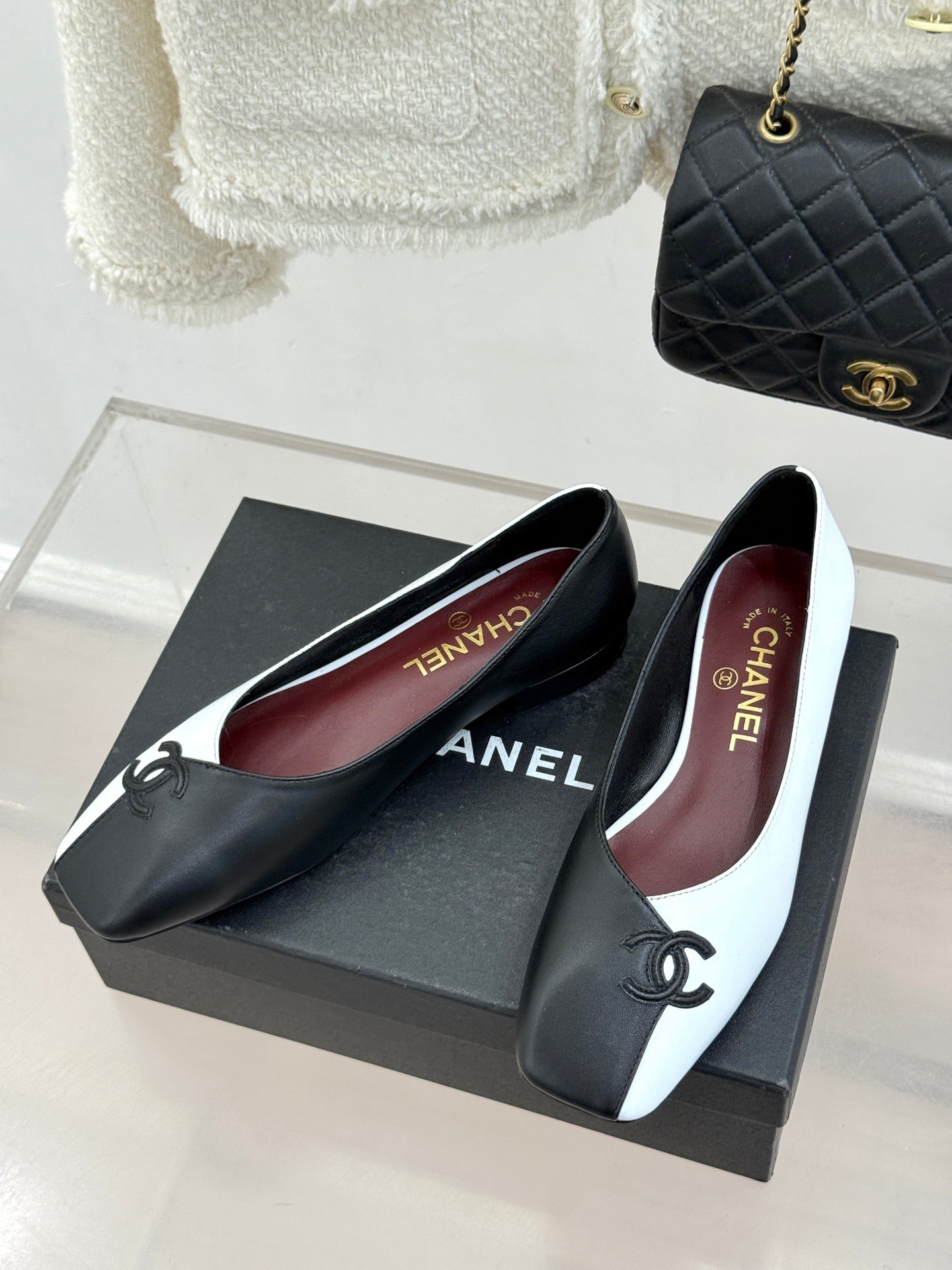 CC 26S Double C Patchwork Ballet Flat Black White in Cowhide 706366