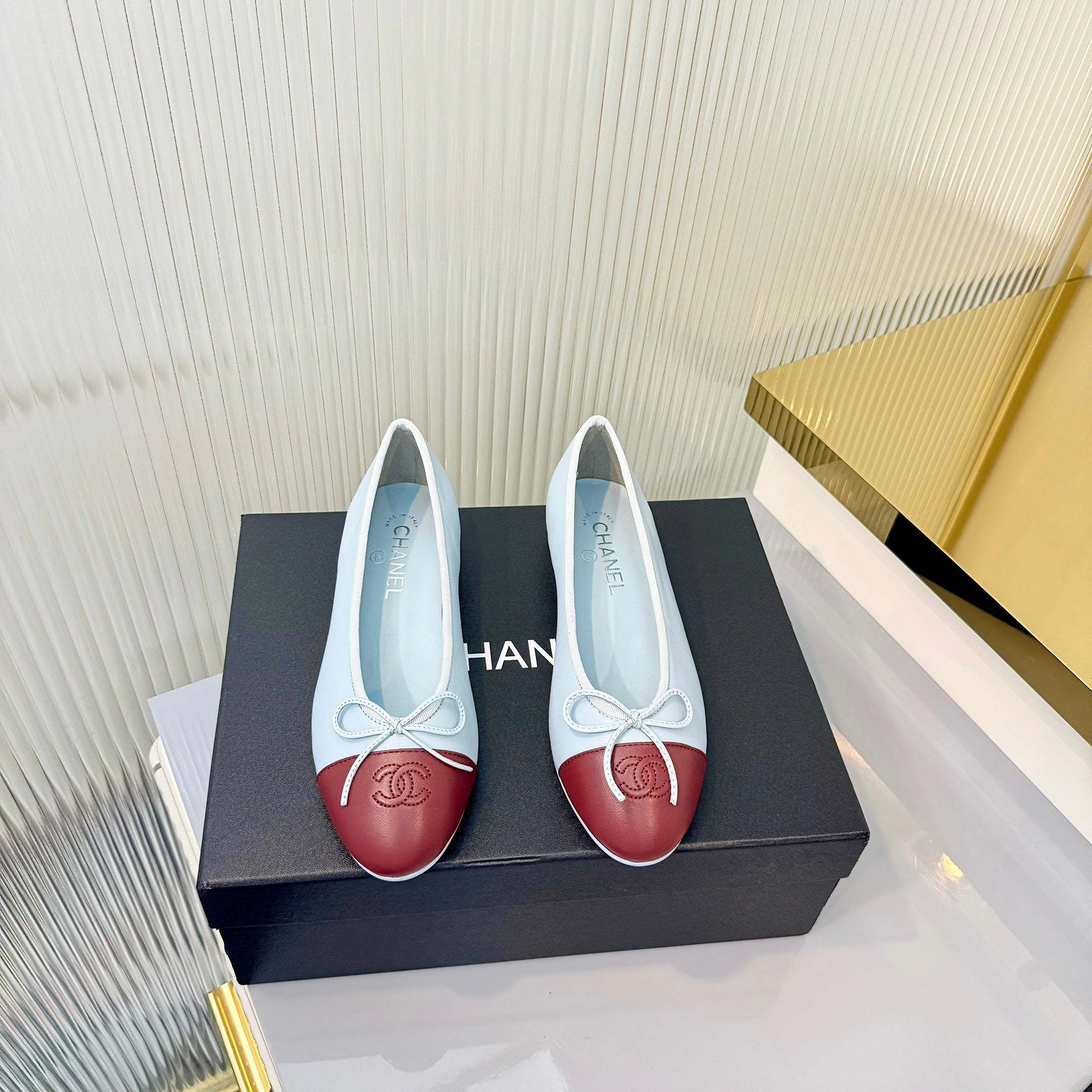 Chanel 2026 Ballet Flat Sky Blue Burgundy Lambskin 714033
